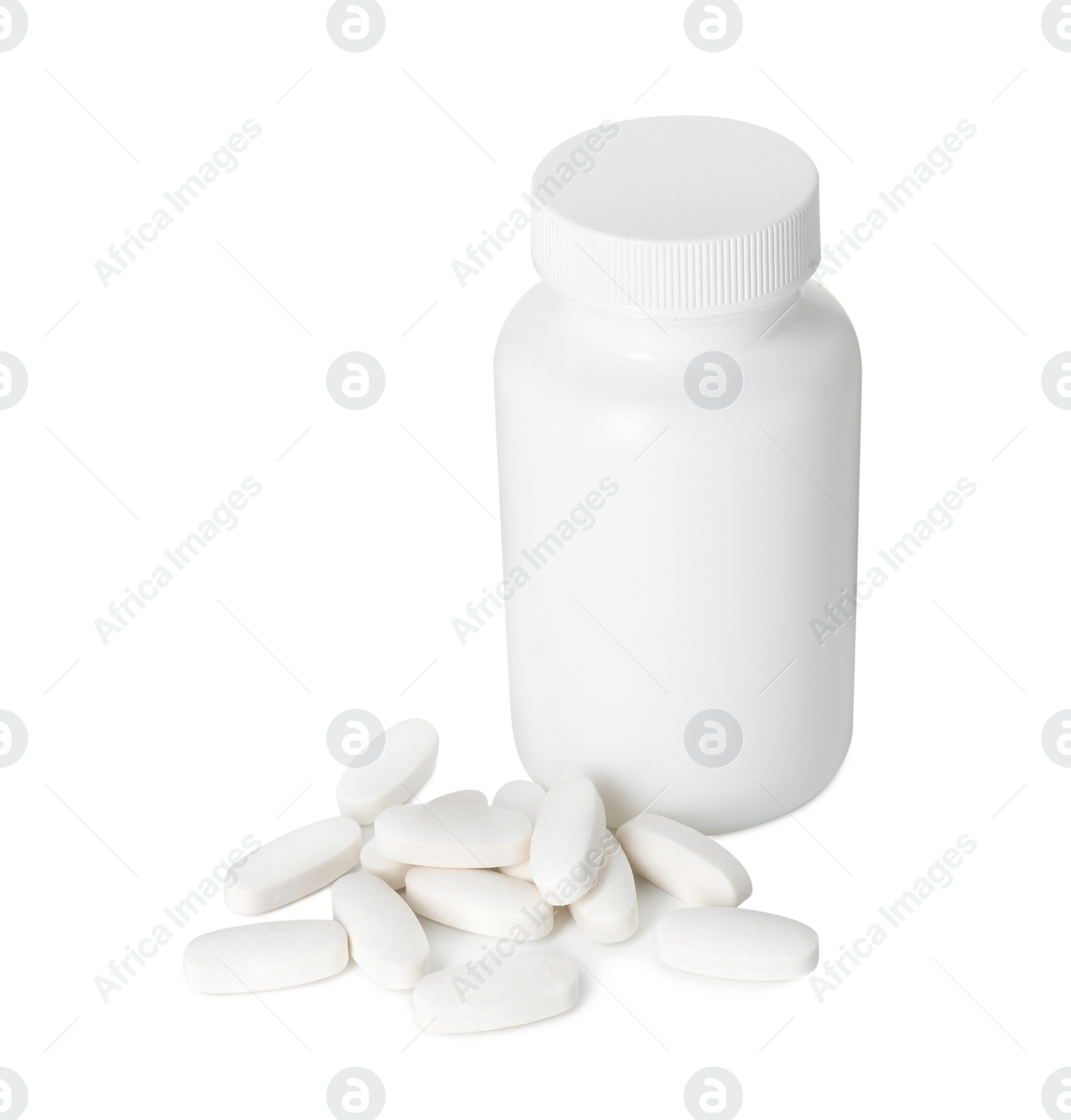 Photo of Bottle and pile of vitamin pills isolated on white