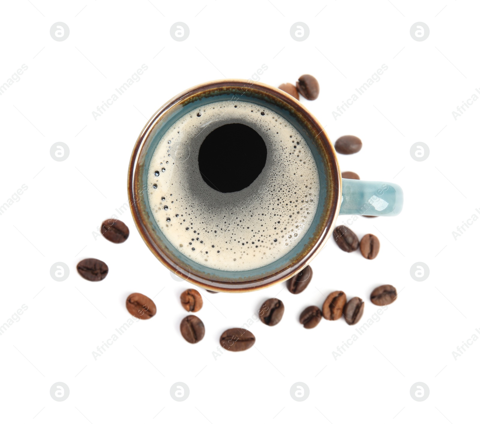 Photo of Cup of tasty coffee and beans isolated on white, top view