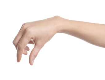 Photo of Woman holding something in hand on white background, closeup