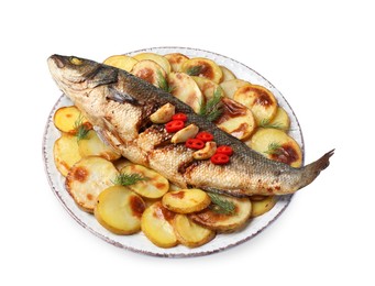 Photo of Plate with delicious baked sea bass fish and potatoes on white background