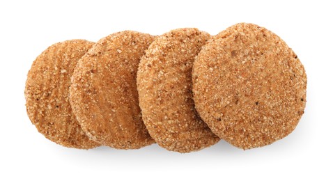 Photo of Vegan cutlets with breadcrumbs isolated on white, top view