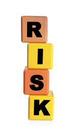 Photo of Word Risk made of colorful cubes on white background