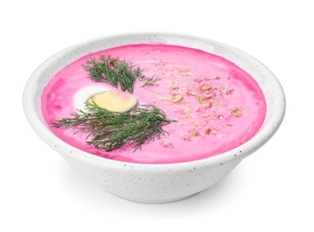 Photo of Delicious cold summer beet soup on white background