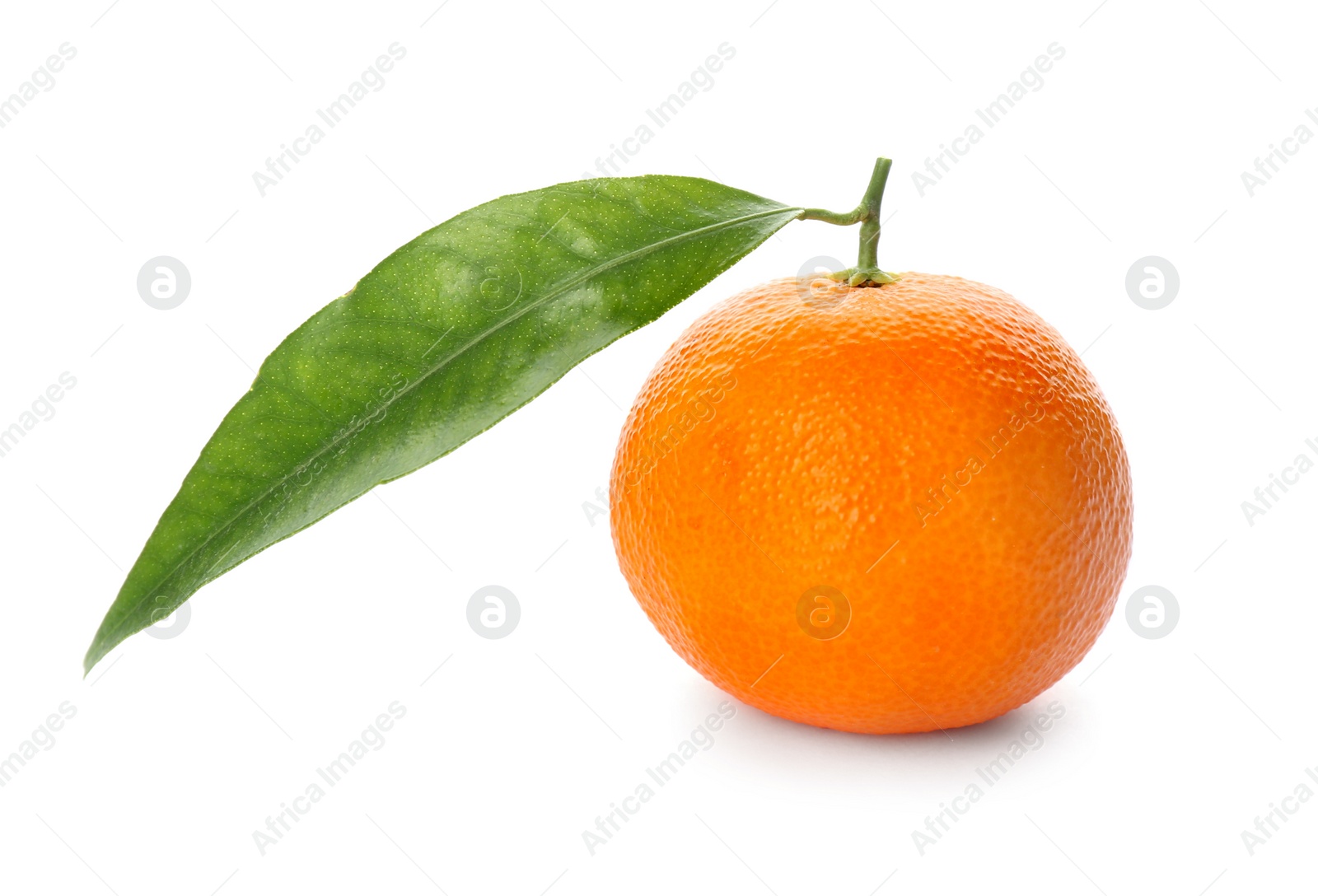 Photo of Whole fresh tangerine with green leaf isolated on white