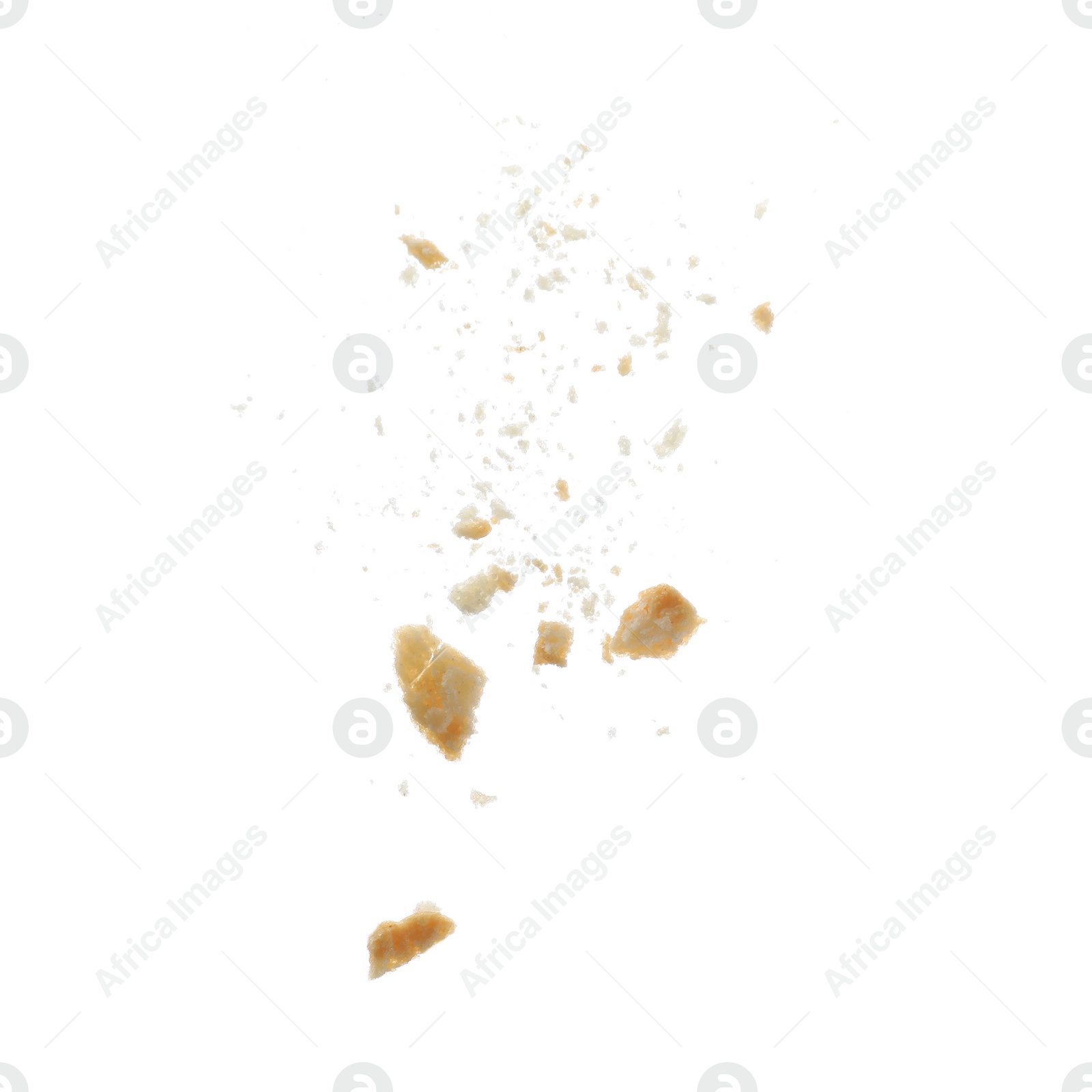 Photo of Pieces of crumbled cracker isolated on white