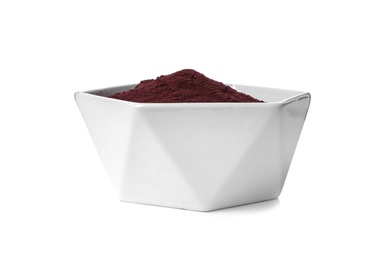 Bowl with acai powder on white background