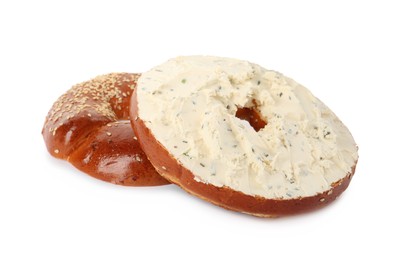 Photo of Delicious fresh bagel with cream cheese on white background