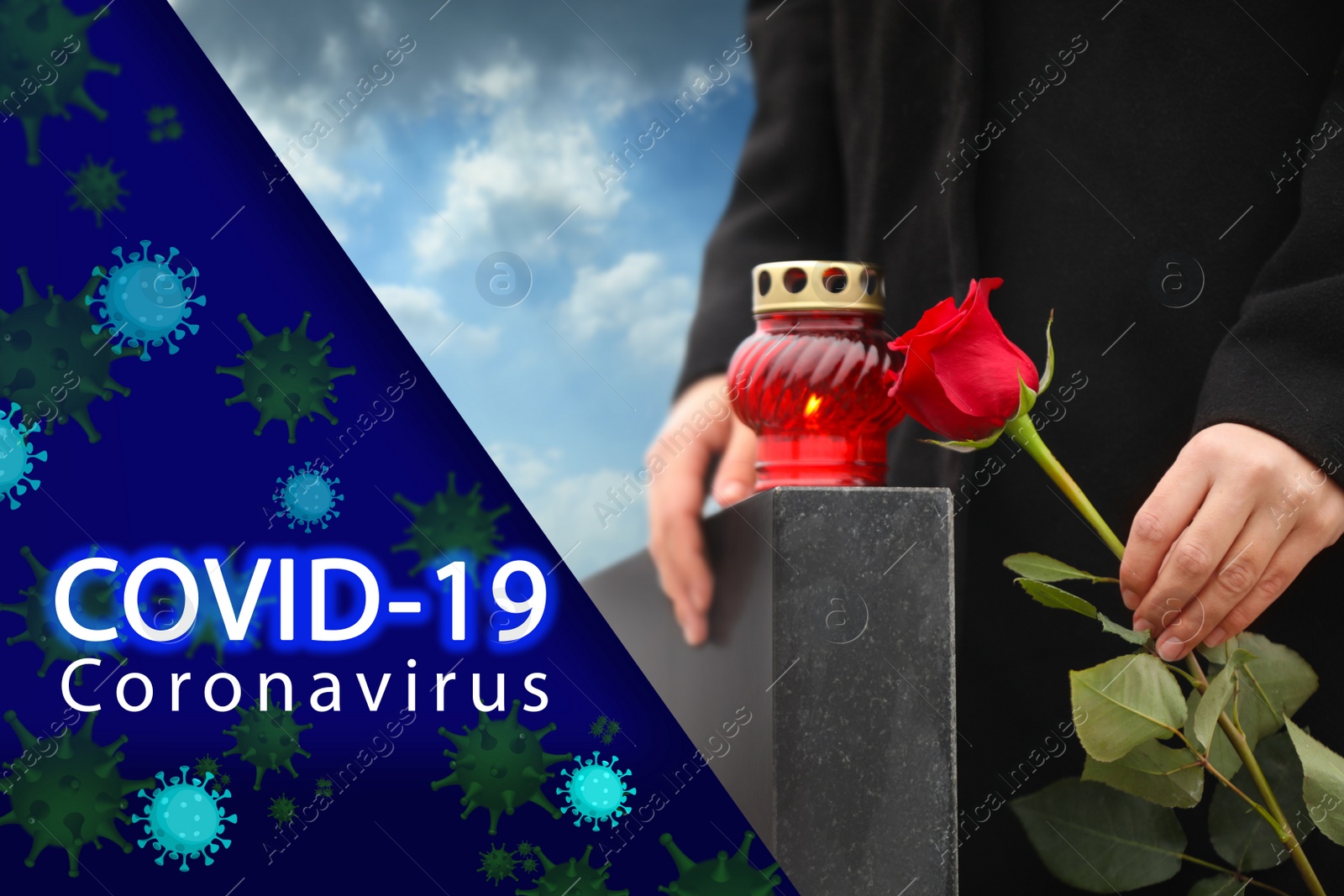 Image of Funeral ceremony devoted to coronavirus victims. Woman with candle and rose near tombstone outdoors, closeup