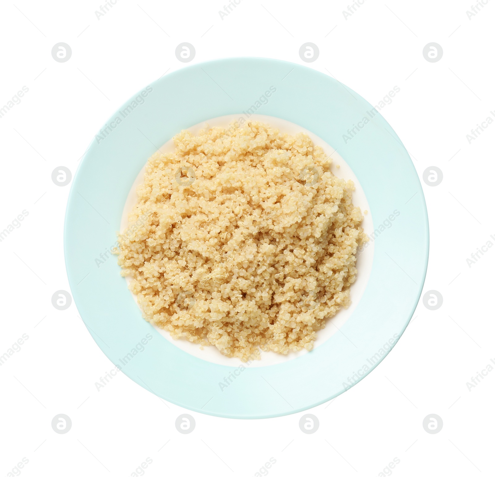 Photo of Plate with tasty cooked quinoa isolated on white, top view