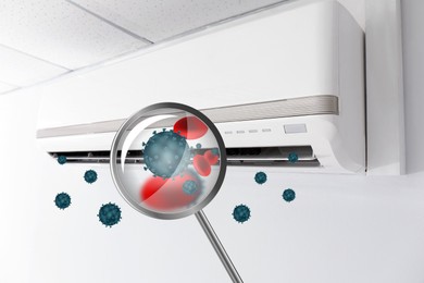 Image of Spreading of viruses. Contaminated air conditioner on white wall indoors