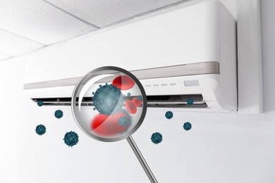 Spreading of viruses. Contaminated air conditioner on white wall indoors