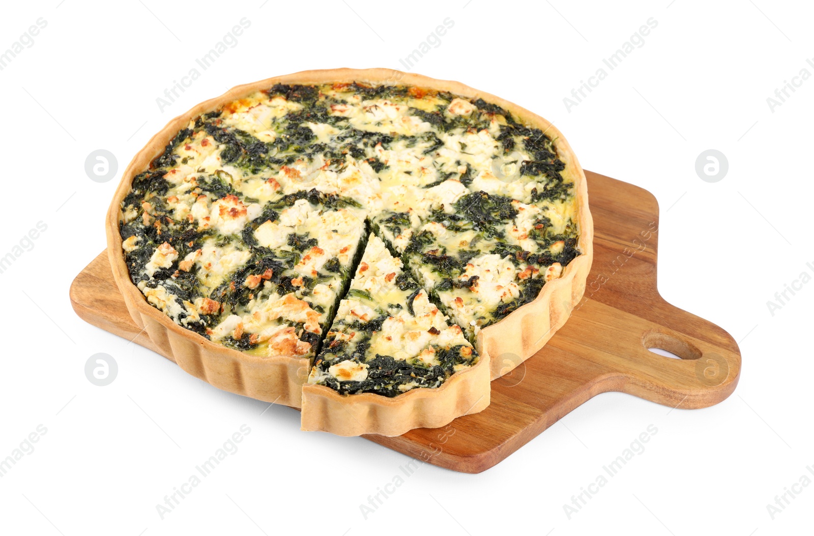 Photo of Delicious homemade spinach quiche isolated on white