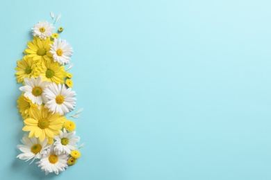 Photo of Beautiful chamomile flowers on color background, flat lay with space for text