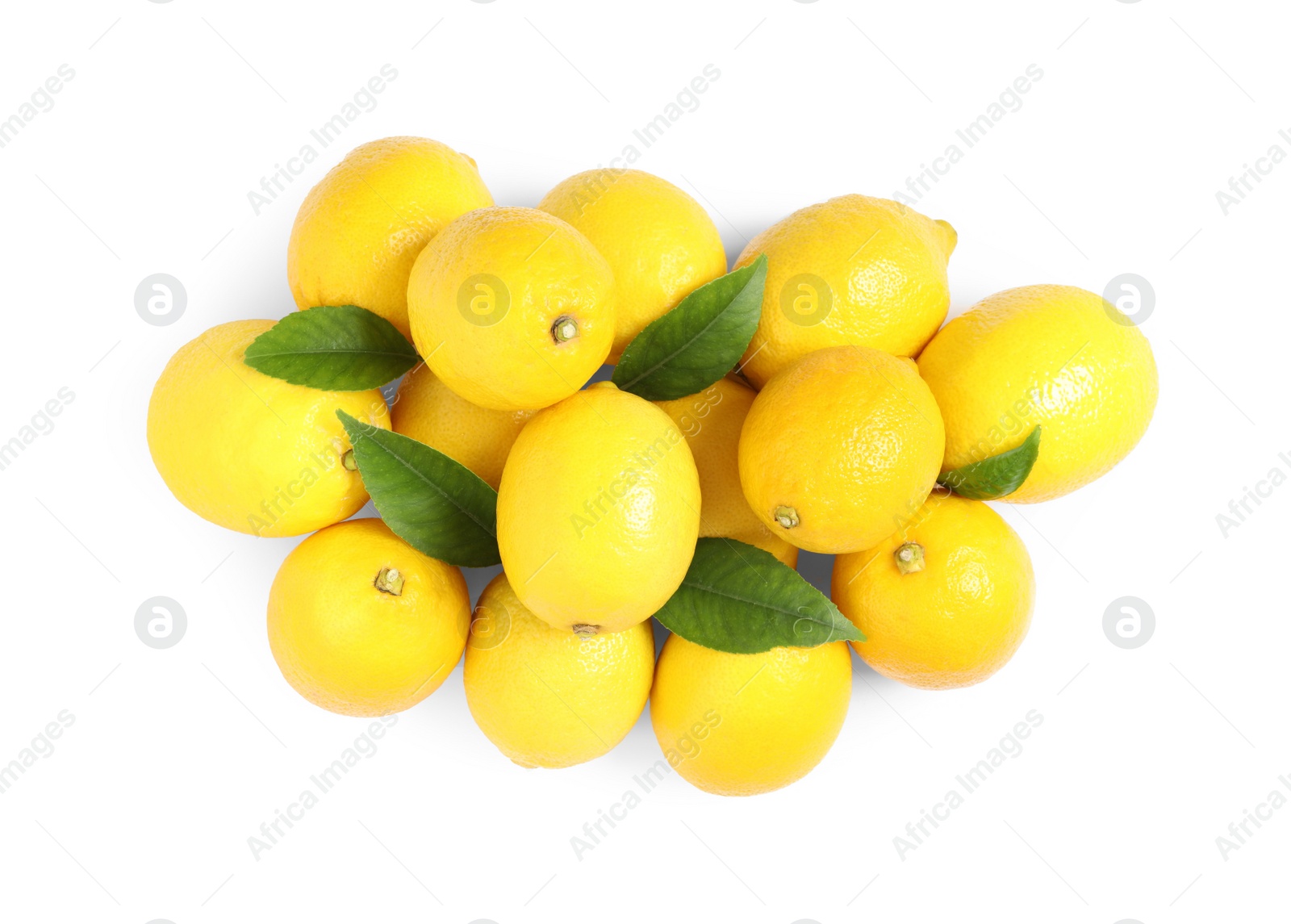 Photo of Fresh ripe lemons with leaves on white background, top view