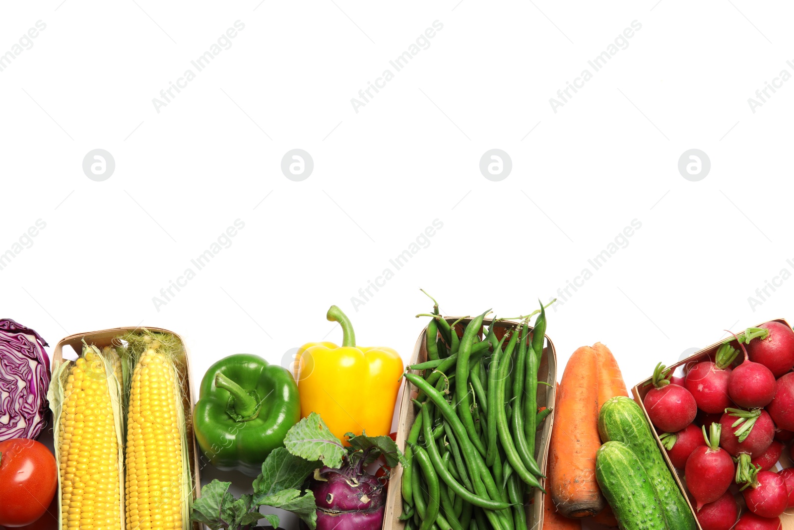 Photo of Assortment of fresh vegetables on white background, top view. Space for text