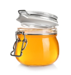 Photo of Jar with tasty jelly on white background