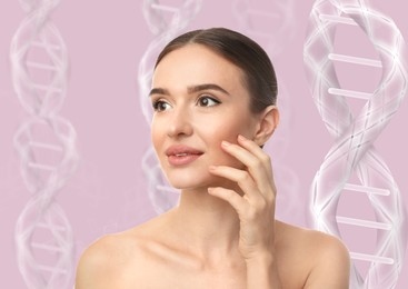 Beautiful young woman against pink background with illustration of DNA chains