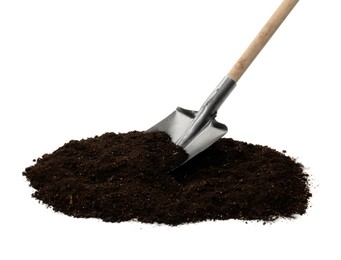 Photo of Shovel and pile of soil isolated on white