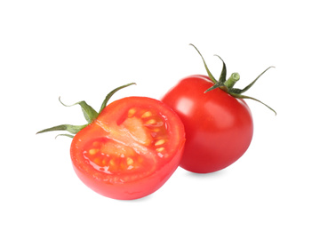 Photo of Tasty fresh raw tomatoes isolated on white