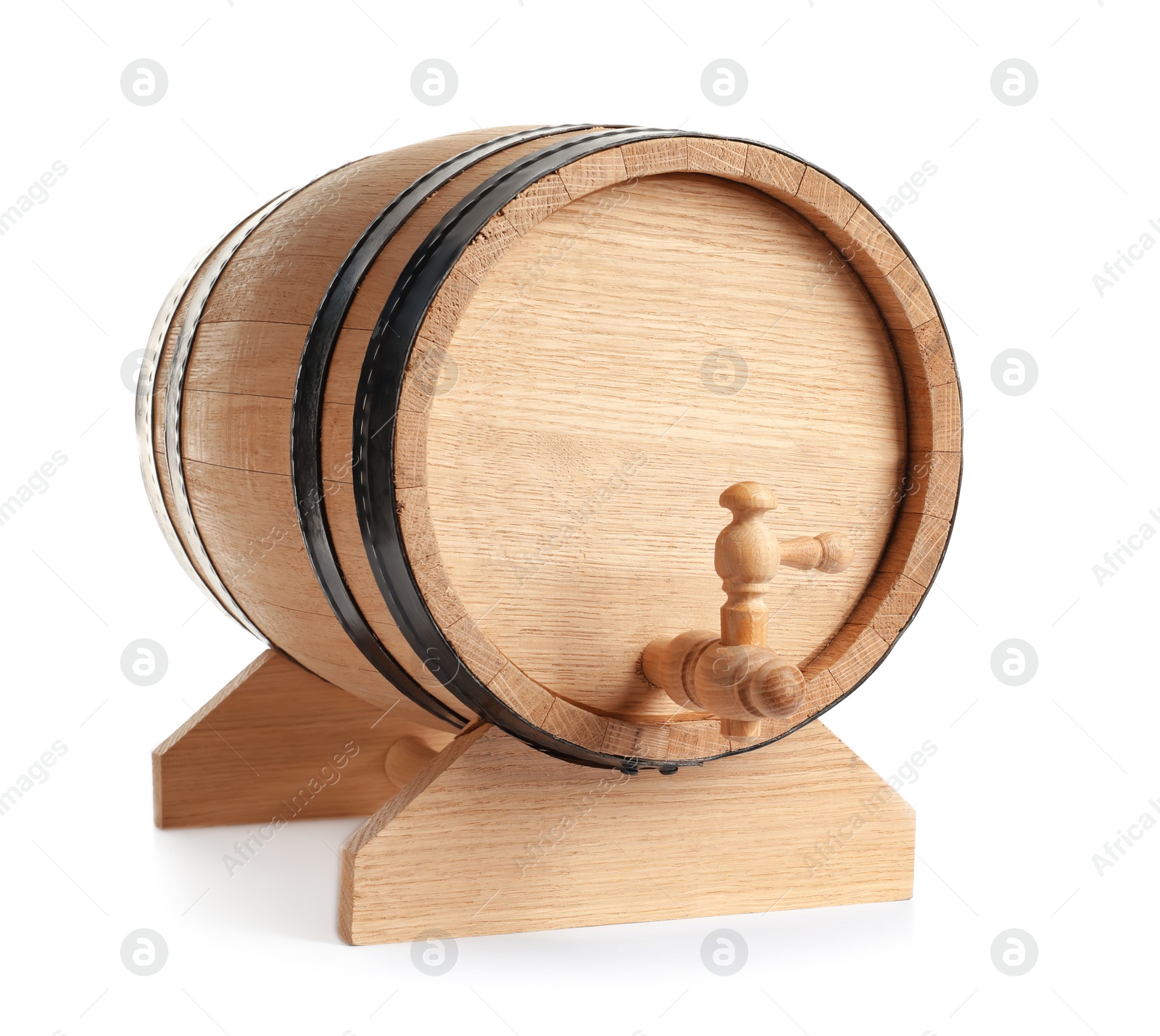 Photo of Wooden keg on white background. Wine making