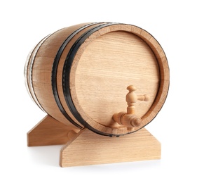 Photo of Wooden keg on white background. Wine making