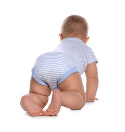 Photo of Cute little baby boy crawling on white background, back view