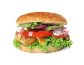 Photo of Delicious burger with tofu and fresh vegetables isolated on white