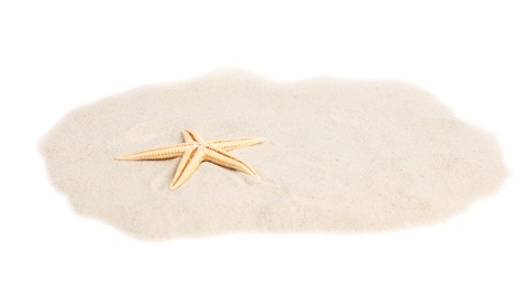 Photo of Pile of beach sand with beautiful starfish on white background