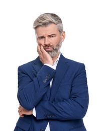 Photo of Mature businessman in stylish clothes posing on white background