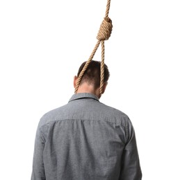 Photo of Man with rope noose on neck against white background, back view