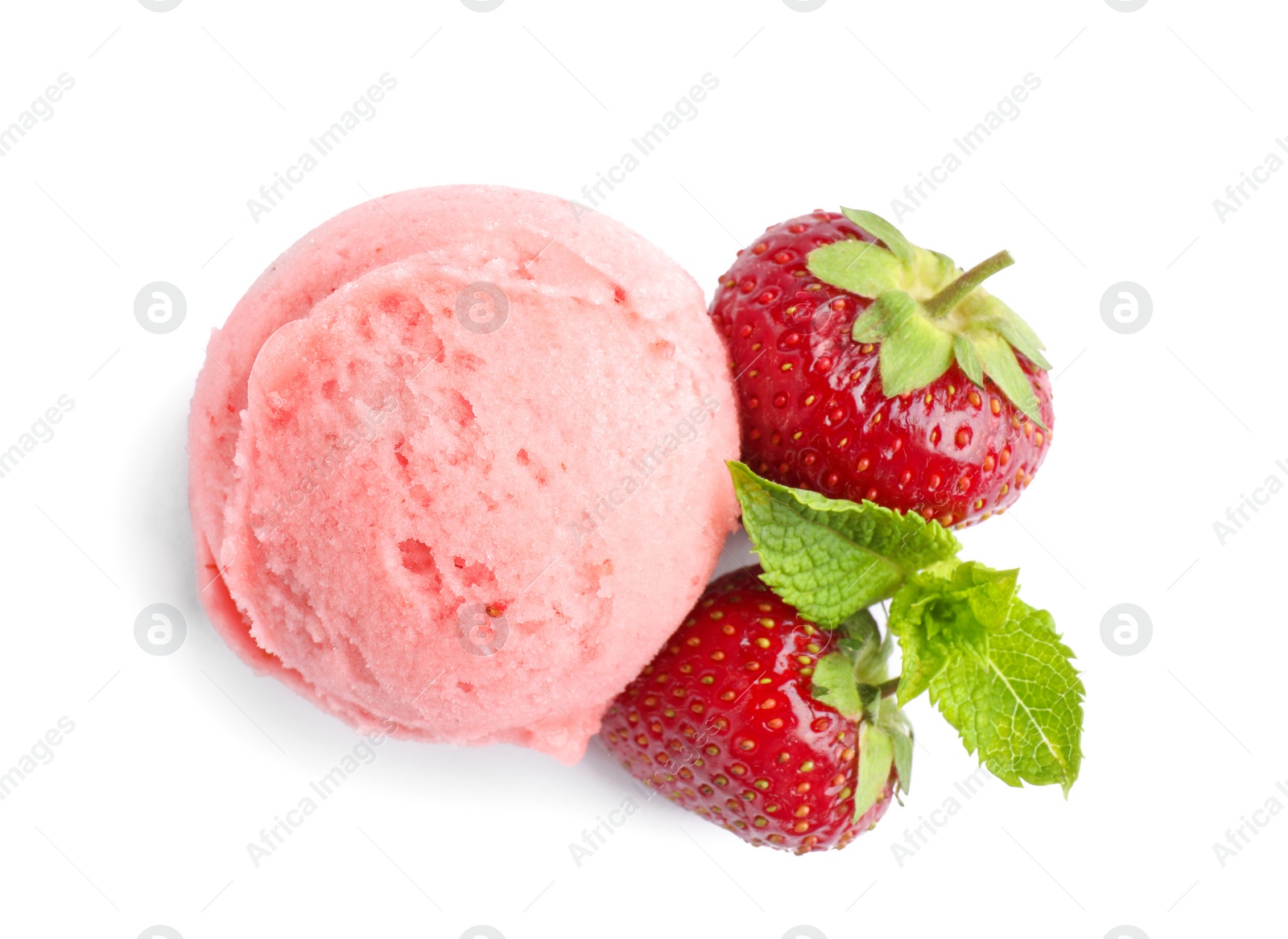 Photo of Scoop of delicious strawberry ice cream with mint and fresh berries on white background, top view