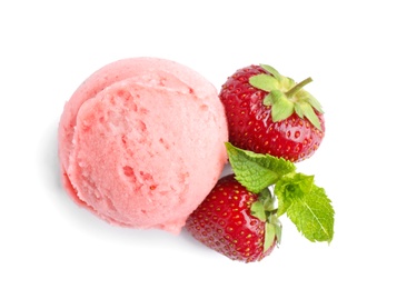 Photo of Scoop of delicious strawberry ice cream with mint and fresh berries on white background, top view