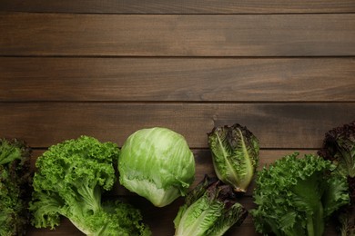 Different sorts of lettuce on wooden table, flat lay. Space for text