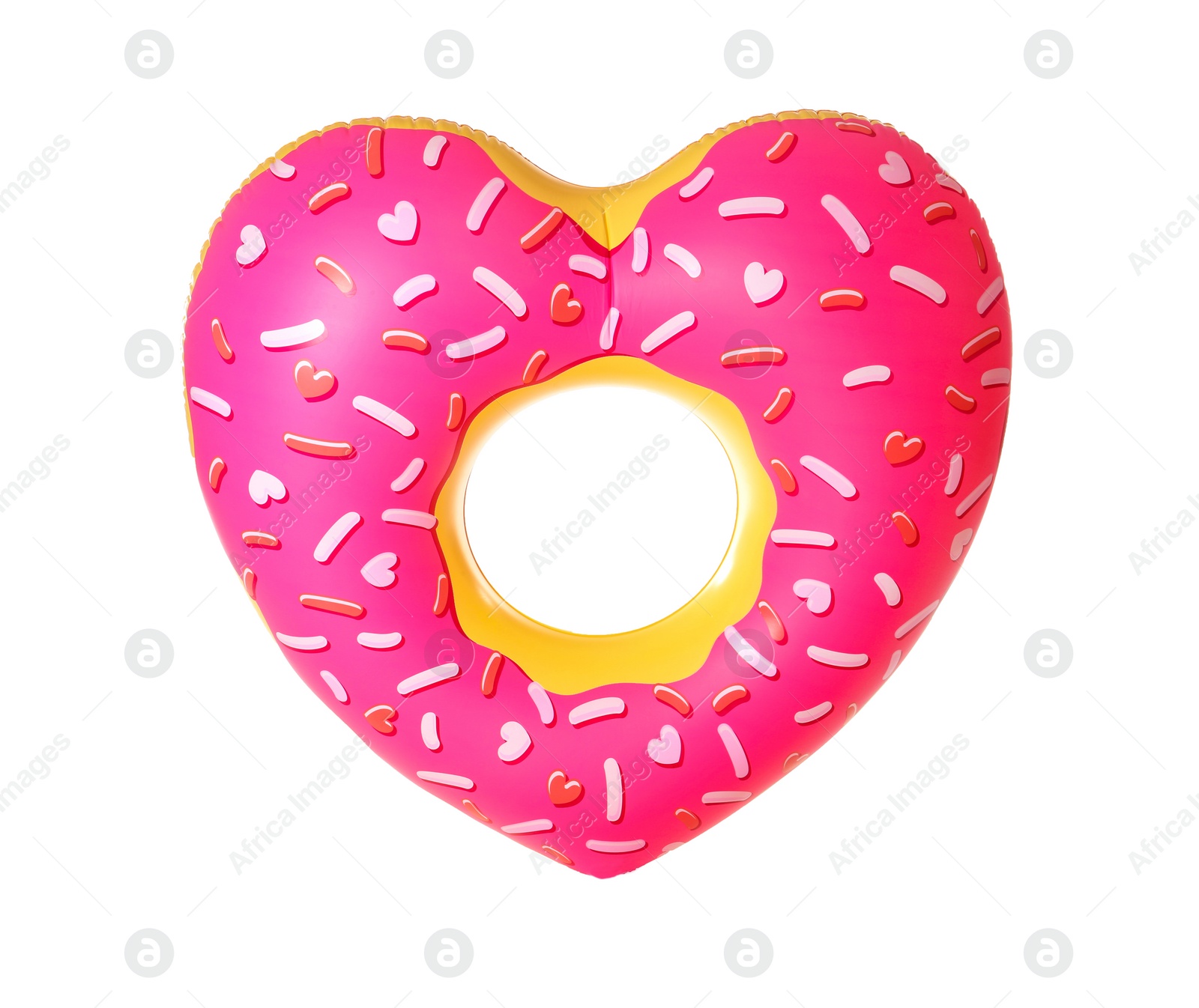 Photo of Bright heart-shaped inflatable ring on white background. Summer holidays