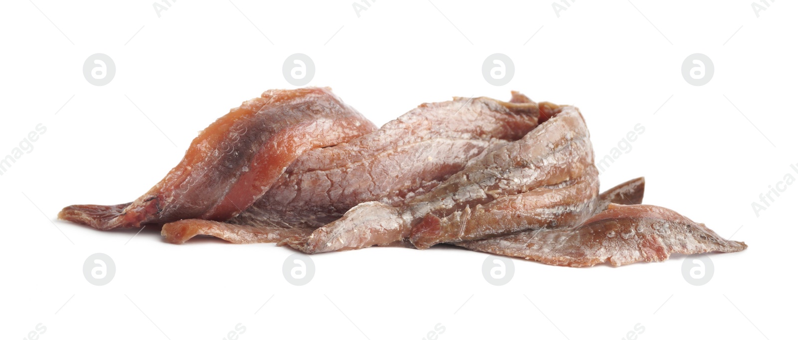 Photo of Heap of delicious anchovy fillets on white background