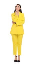 Photo of Beautiful businesswoman in yellow suit on white background