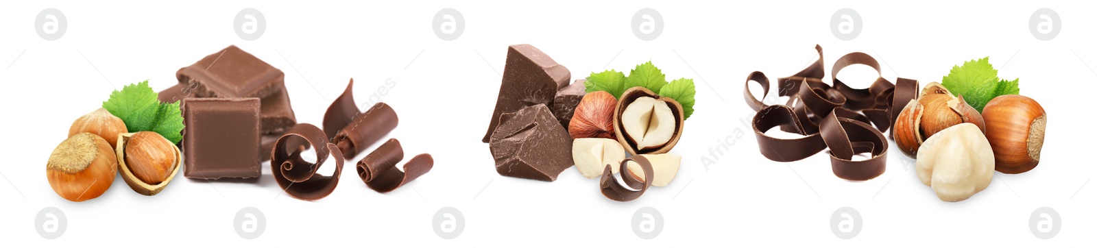 Image of Chocolate and hazelnuts isolated on white, set