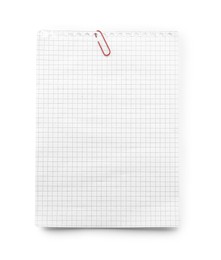 Checkered notebook paper with clip isolated on white, top view