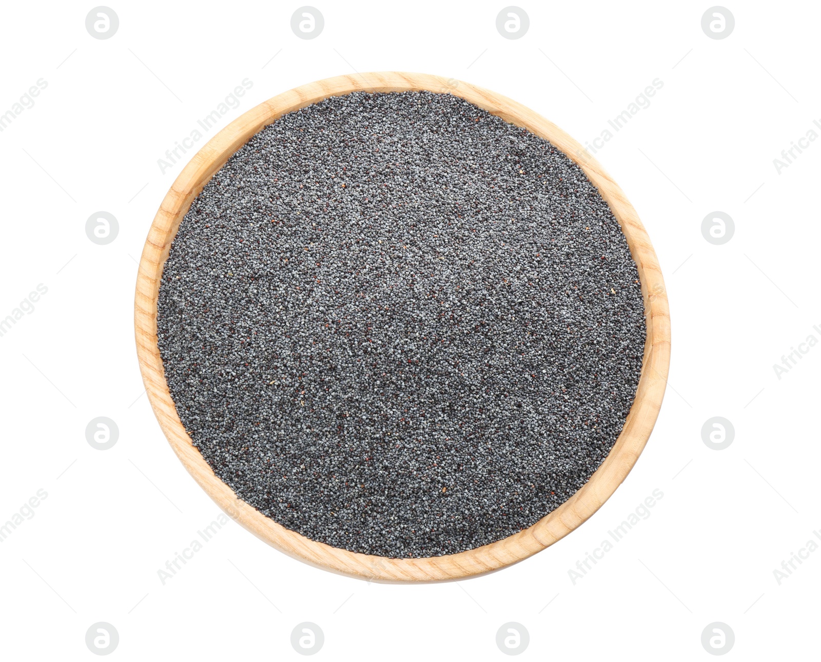 Photo of Poppy seeds in bowl isolated on white, top view