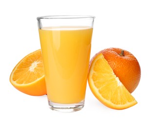 Orange juice and fresh fruits on white background