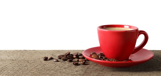 Photo of Cup of aromatic coffee and beans on wooden table against white background