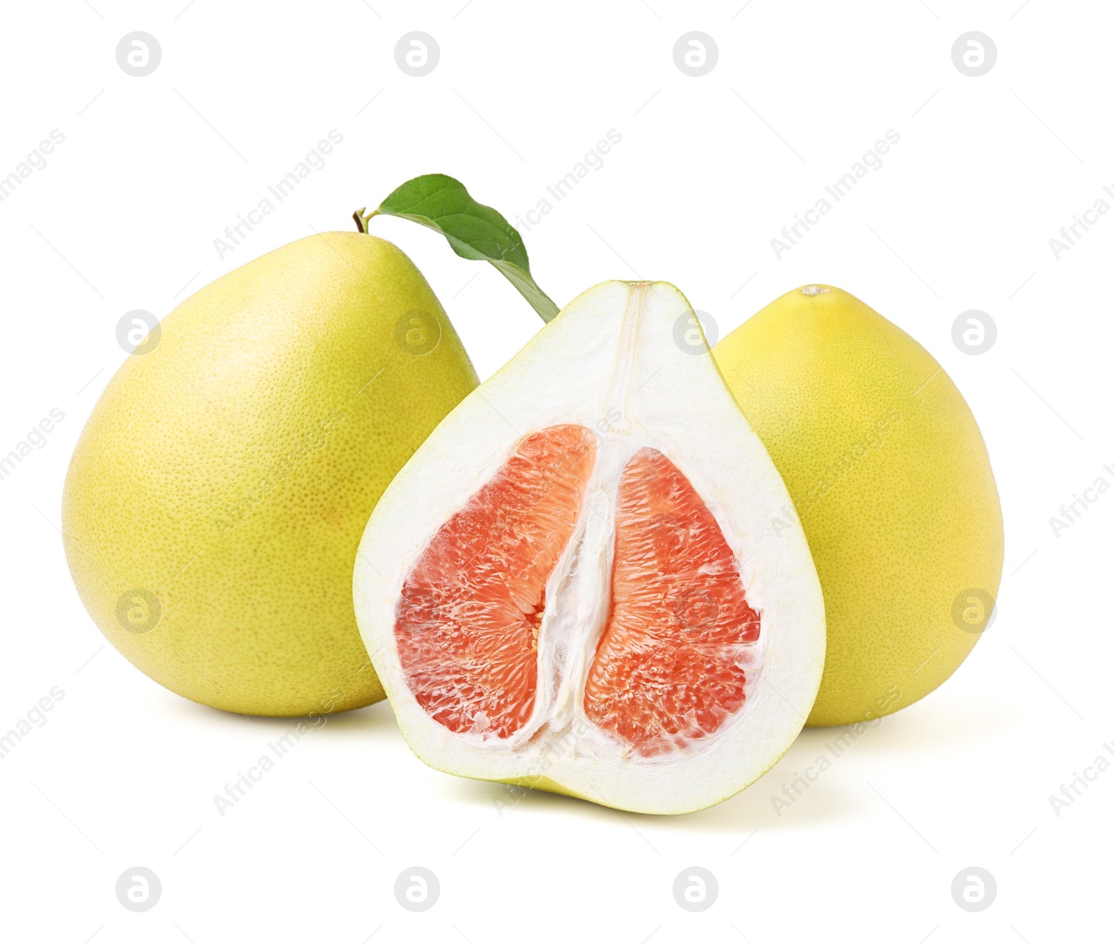 Photo of Tasty whole and cut pomelo fruits isolated on white