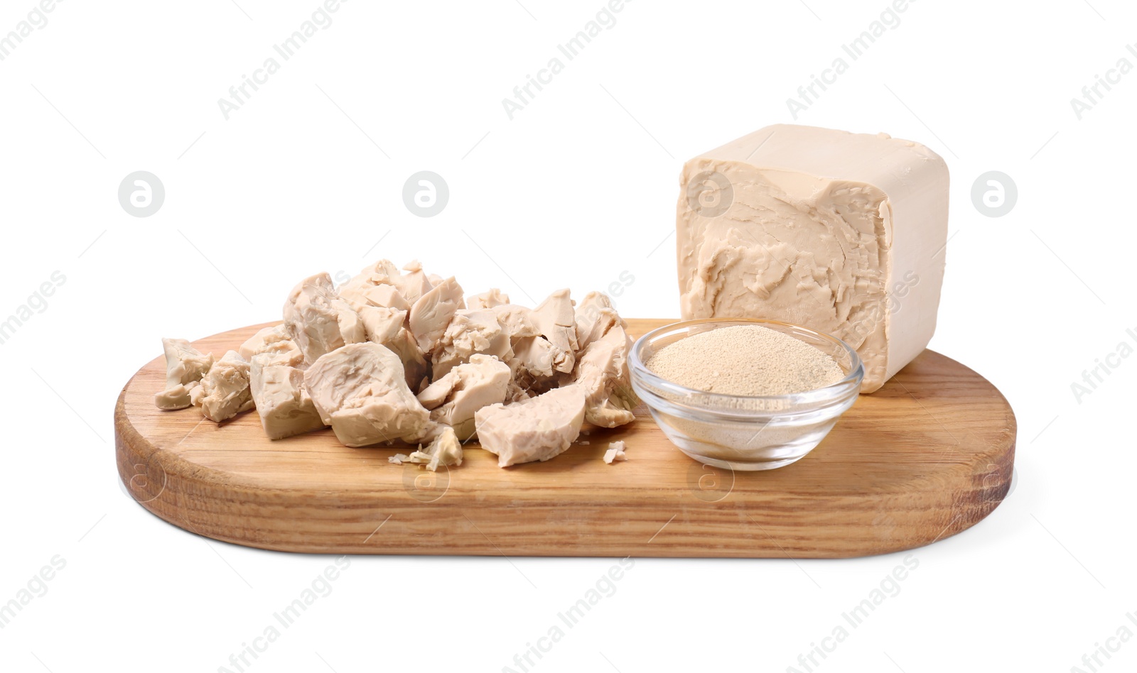 Photo of Compressed and granulated yeast isolated on white
