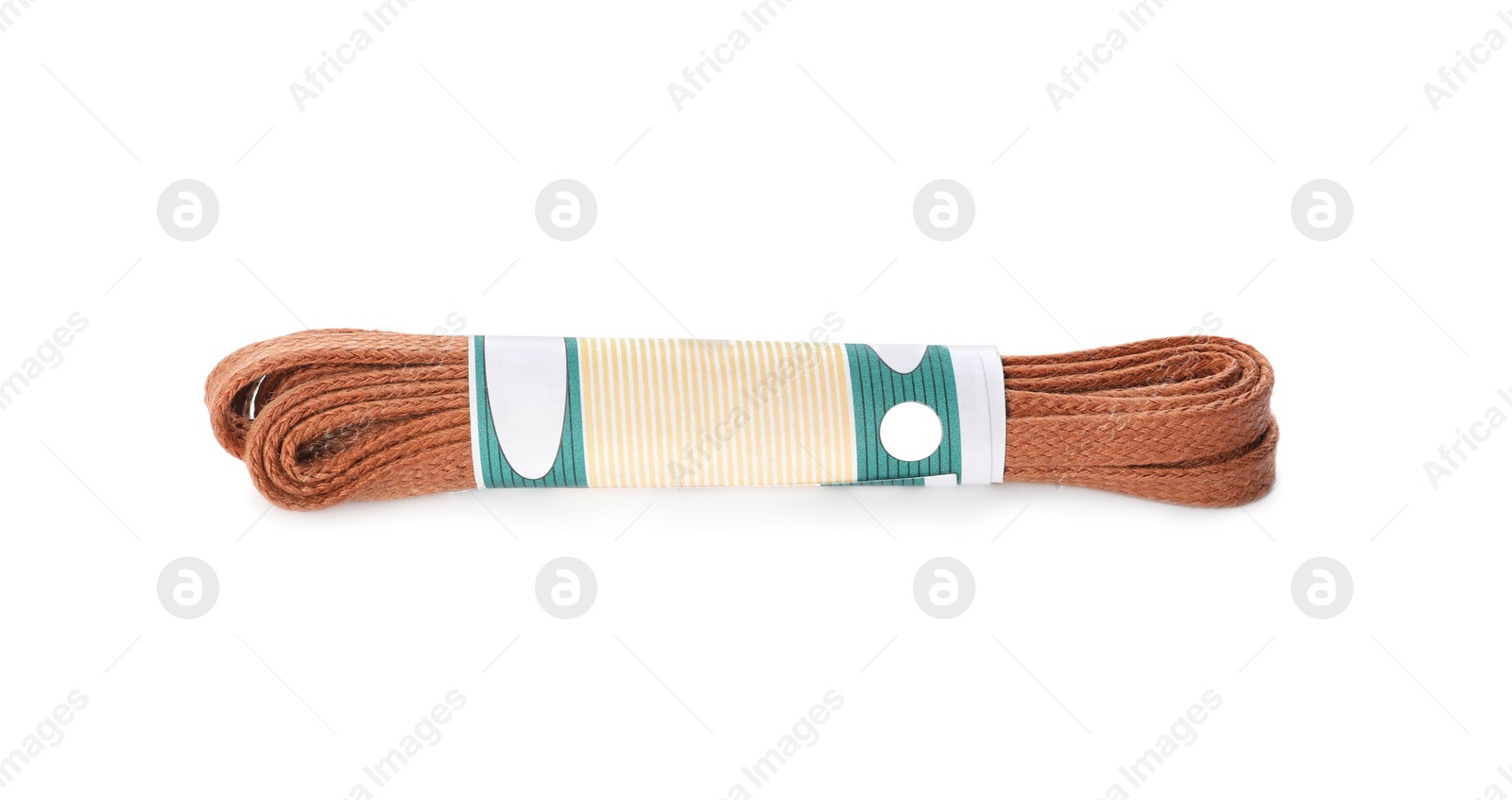 Photo of Packed brown shoe lace isolated on white