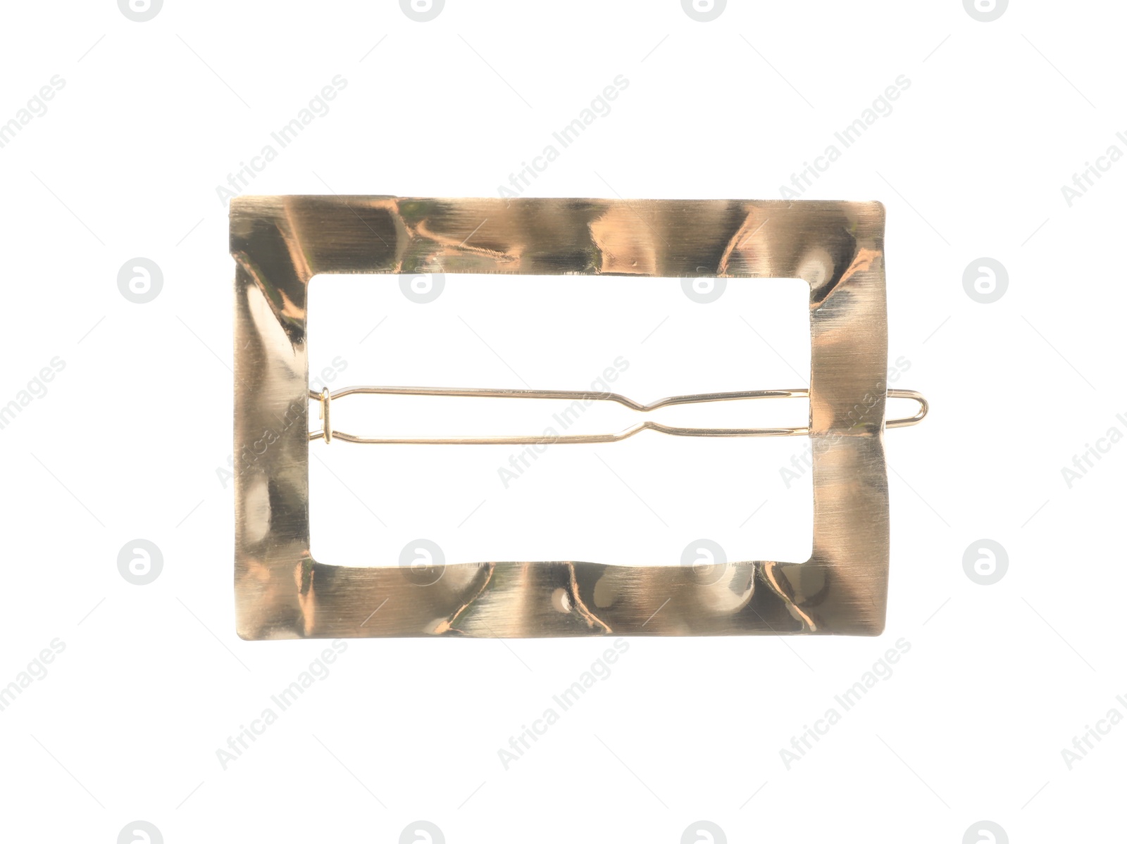 Photo of Stylish gold hair clip isolated on white, top view