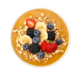 Photo of Delicious smoothie bowl with fresh berries, banana and oatmeal on white background, top view