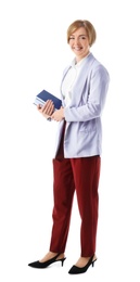 Female teacher with notebooks on white background