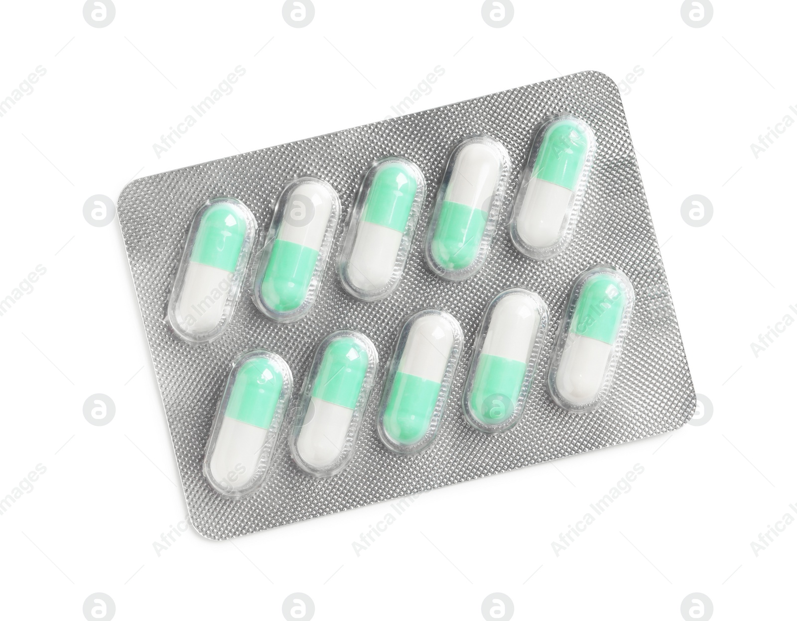 Photo of Blister with bright pills isolated on white, top view