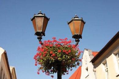Photo of Street lamp with beautiful blooming flowers outdoors, low angle view