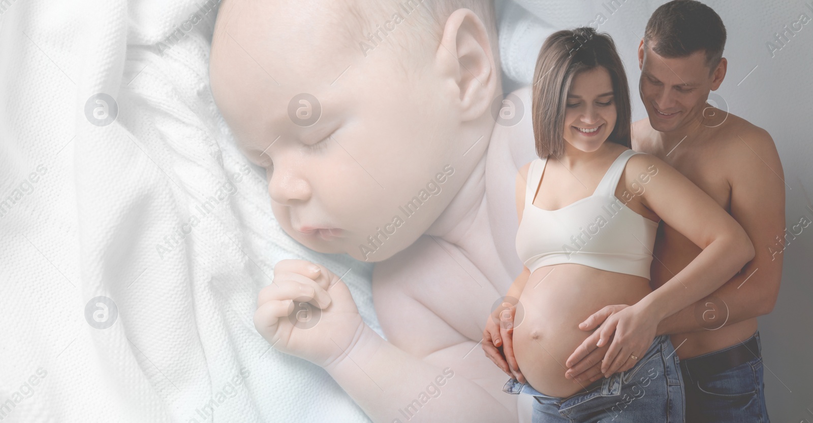 Image of Double exposure of pregnant woman with her husband and cute baby